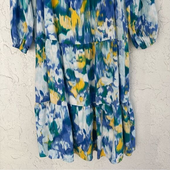 DONNA MORGAN Linen Floral Midi Dress 10 Puff Sleeve Square Neck Bohemian Prairie - Picture 5 of 11